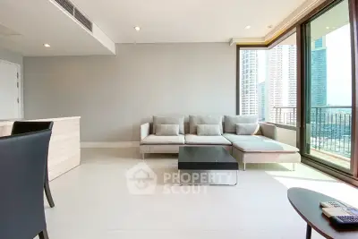 Spacious modern living room with large windows and city view, featuring a sleek sectional sofa and minimalist decor.