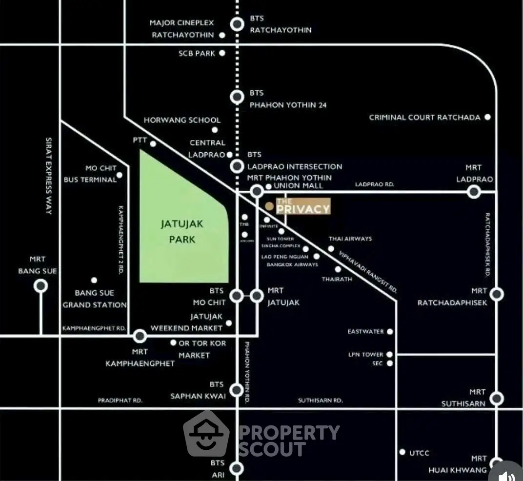 Map highlighting Jatujak Park area with nearby MRT and BTS stations for convenient access.