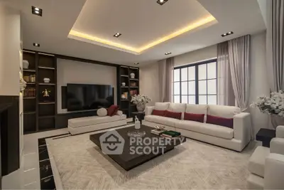 Luxurious modern living room with elegant decor and spacious seating area.