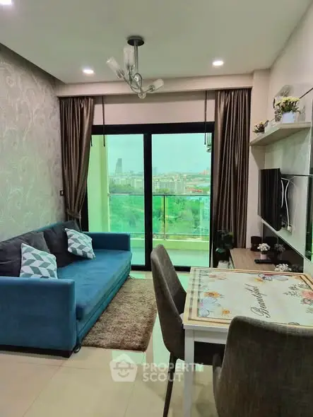 Modern living room with balcony view in a stylish apartment