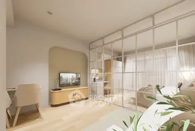 Modern living room with glass partition and stylish decor