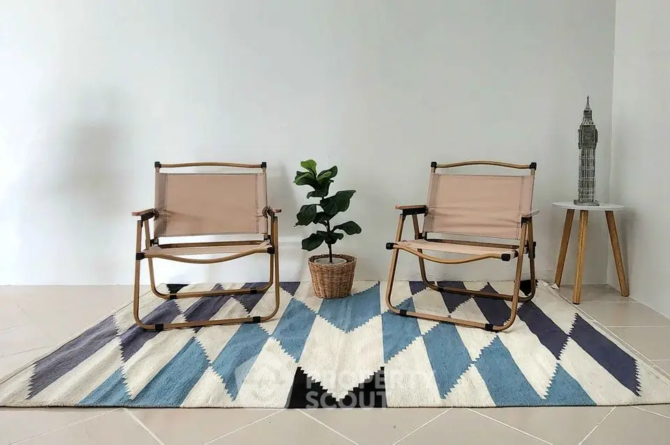 Modern minimalist living space with stylish chairs and geometric rug