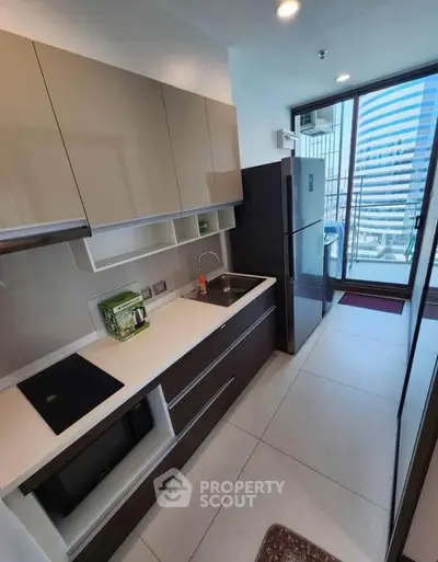 Modern kitchen with sleek cabinetry and city view from balcony