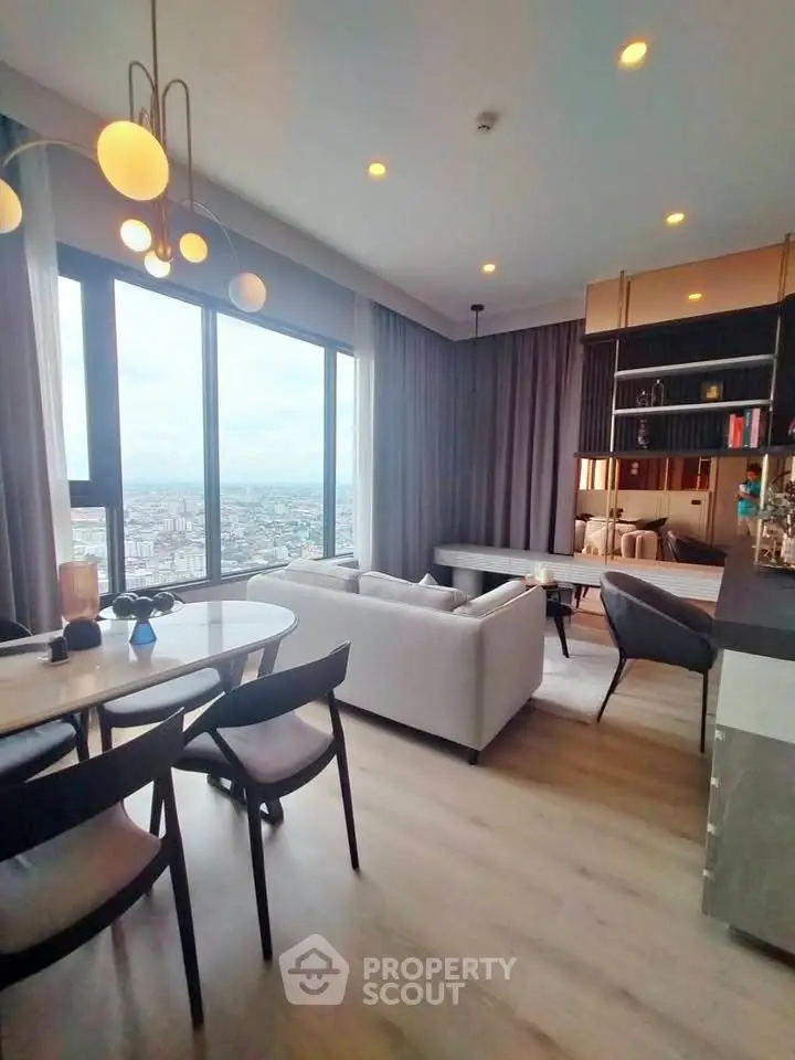 Luxurious modern living room with panoramic city view and elegant decor