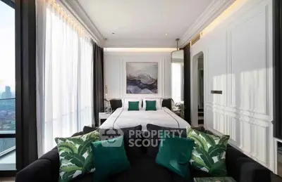 Luxurious bedroom with panoramic city view and elegant decor