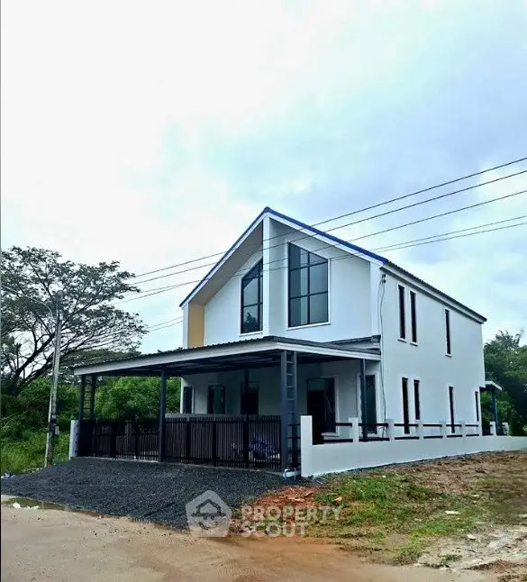 Modern two-story house with sleek design and spacious driveway