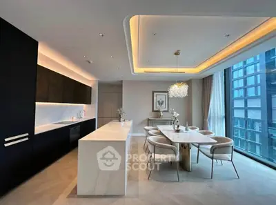 Luxurious modern kitchen with elegant dining area and floor-to-ceiling windows