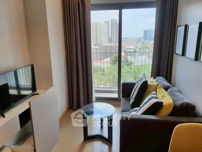 Modern living room with city view and cozy sofa in high-rise apartment