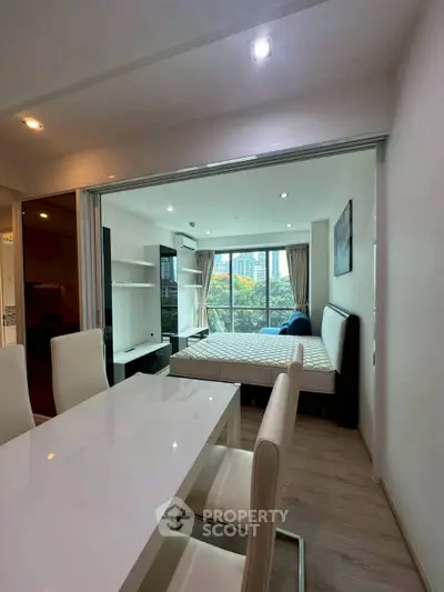 Modern studio apartment with open layout and city view