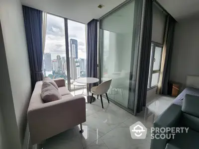 Luxurious high-rise living room with floor-to-ceiling windows offering a panoramic city view, modern furnishings, and sleek tiled flooring.