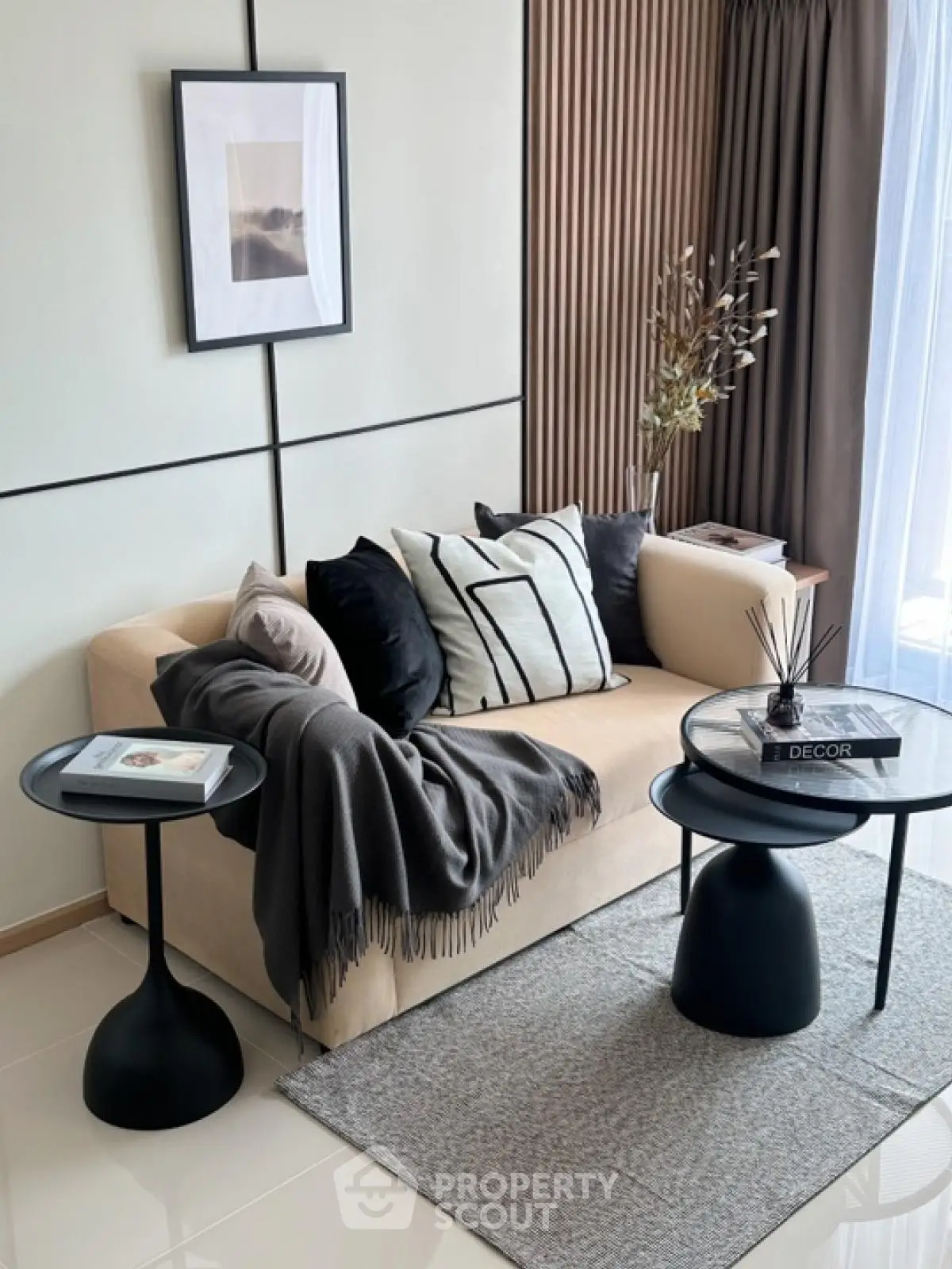 Modern living room with stylish decor and cozy seating area
