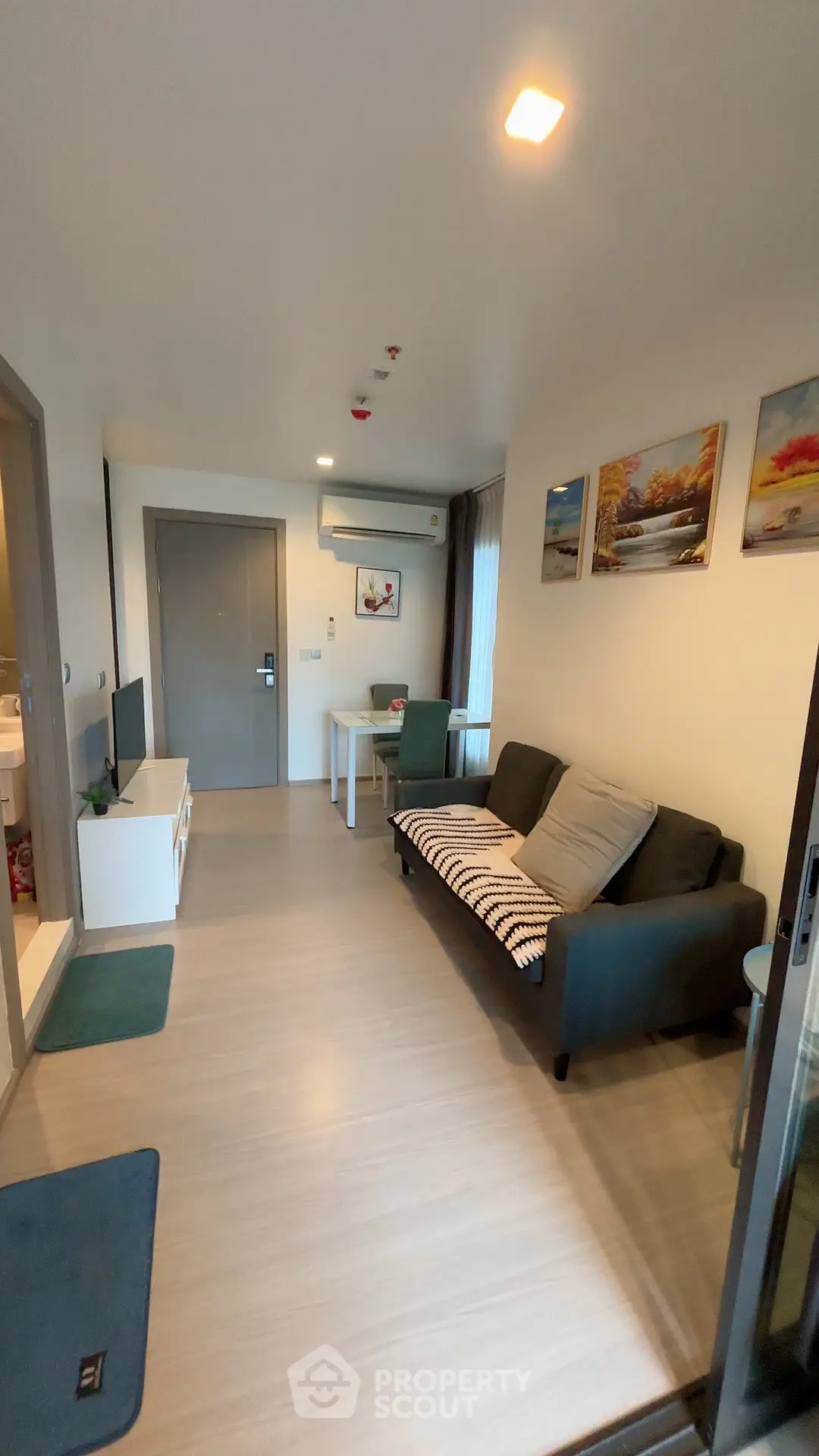 Modern living room with cozy sofa and stylish decor in a compact apartment.