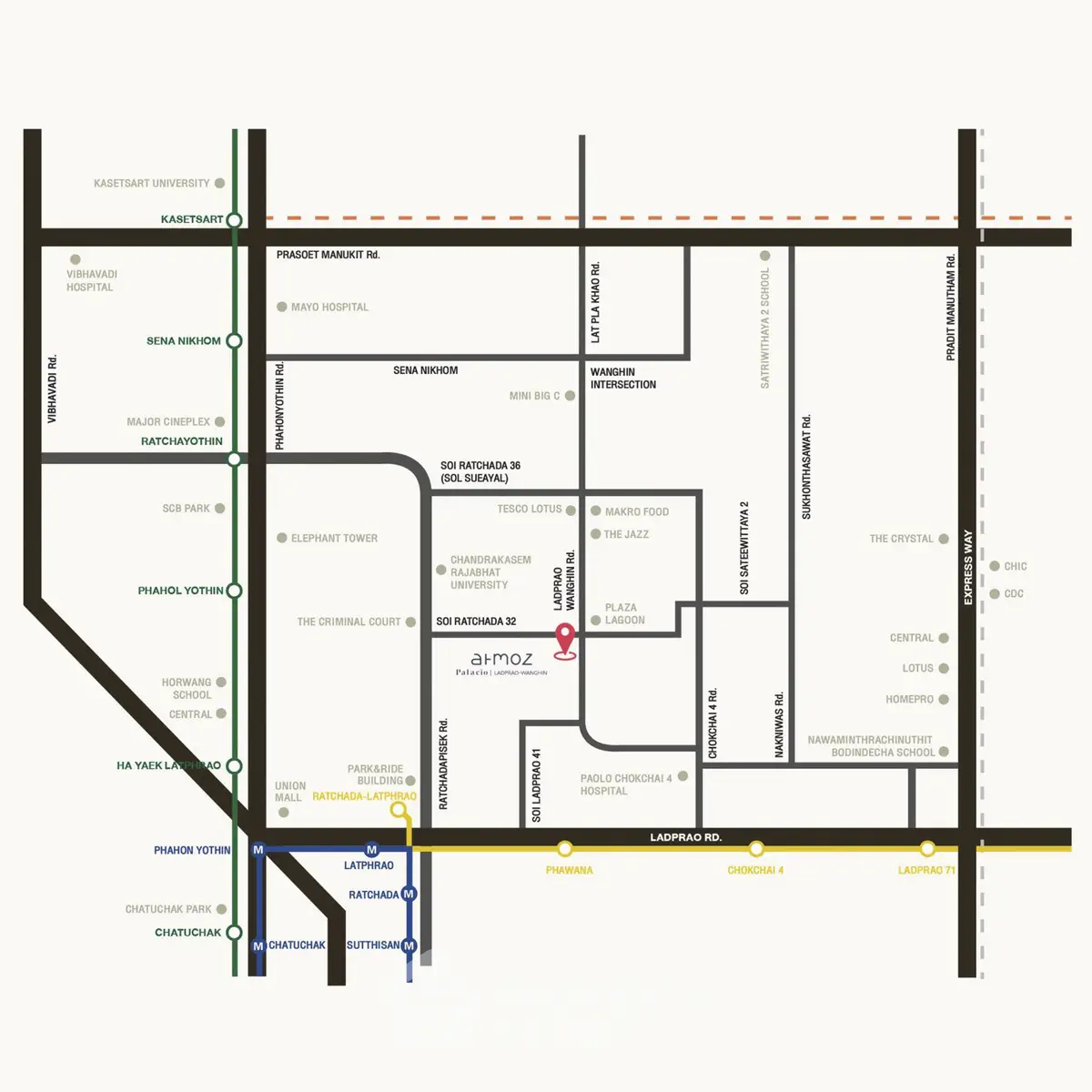 Detailed map showing real estate location and nearby amenities in Bangkok.