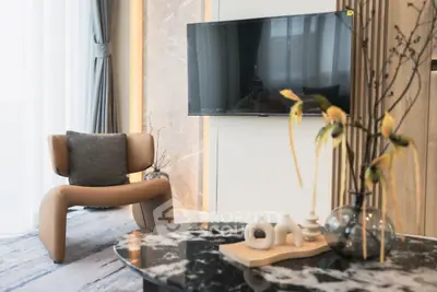 Stylish modern living room with elegant decor and wall-mounted TV