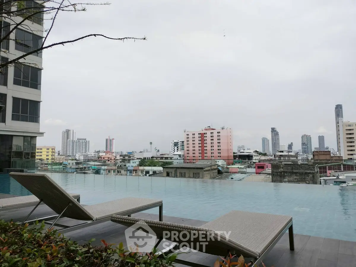 Stunning rooftop pool with city skyline view and modern lounge chairs