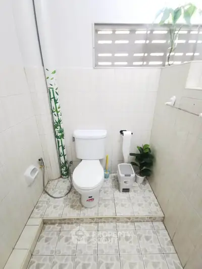 Compact bathroom with tiled flooring and modern toilet, featuring a small plant for a touch of greenery.