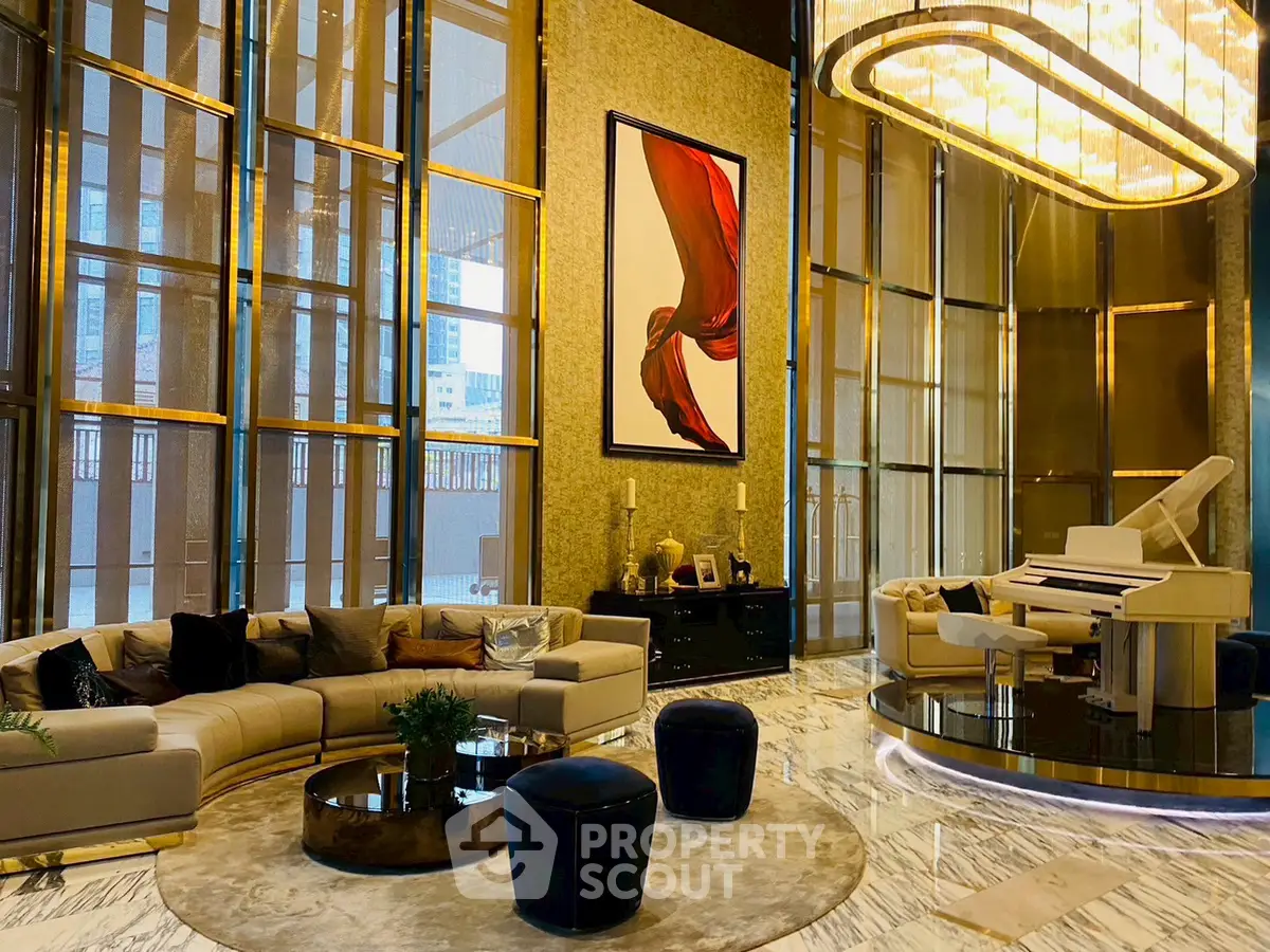 Luxurious living room with grand piano and elegant decor in high-rise building