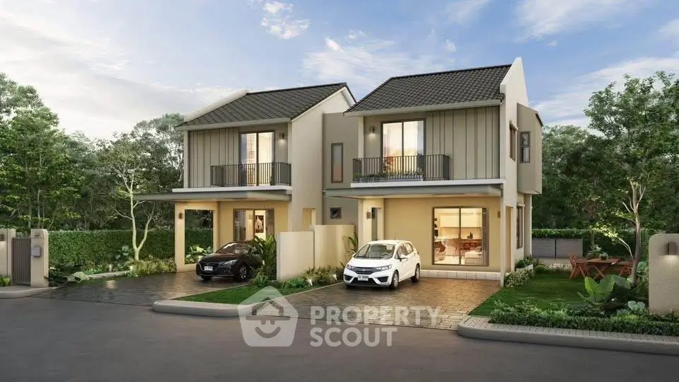 Modern two-story duplex with carports and lush landscaping in a serene neighborhood.