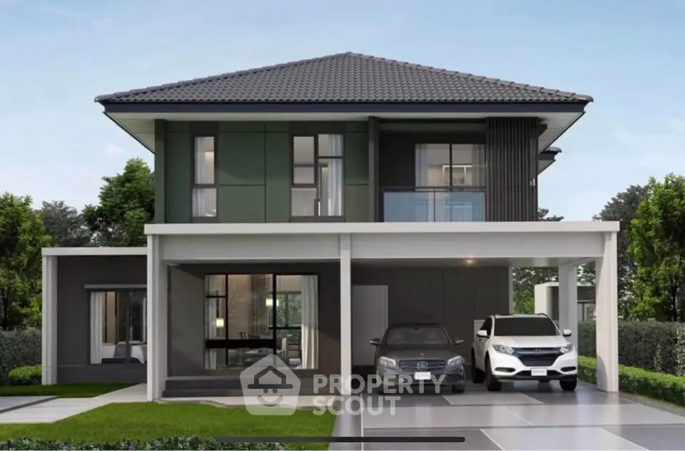 Modern two-story house with spacious driveway and two cars parked, surrounded by lush greenery.