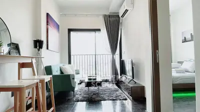 Modern living room with balcony view in stylish apartment