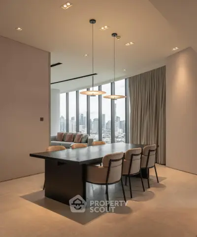 Luxurious dining area with city skyline view, featuring modern lighting and elegant furniture.