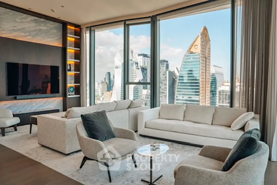 Luxurious living room with stunning city view and modern furnishings