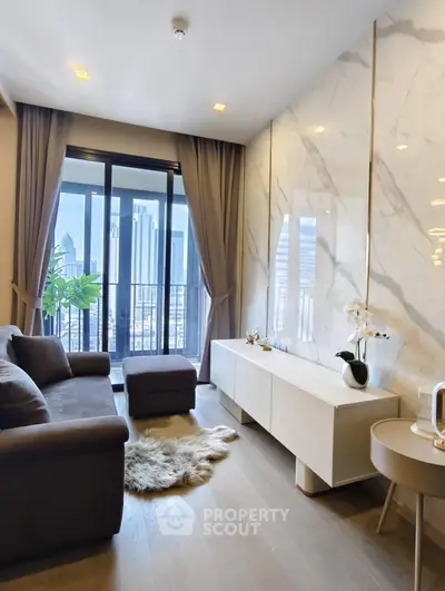 Luxurious living room with marble accent wall and city view balcony in modern apartment