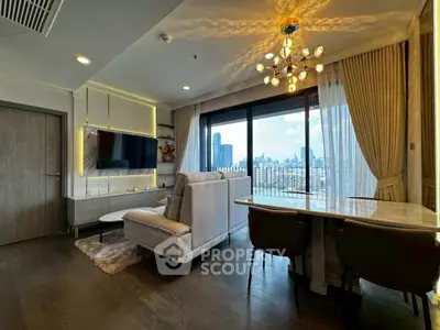 Luxurious living room with city view, modern decor, and elegant lighting in high-rise apartment.