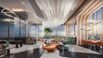 Luxurious modern living room with panoramic city views and elegant design