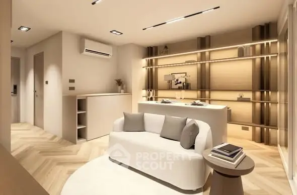 Modern living room with stylish decor and ambient lighting, featuring a cozy sofa and elegant shelving.