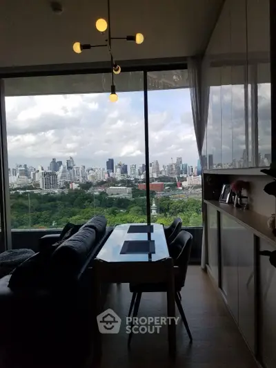 Modern living room with stunning city view and elegant decor