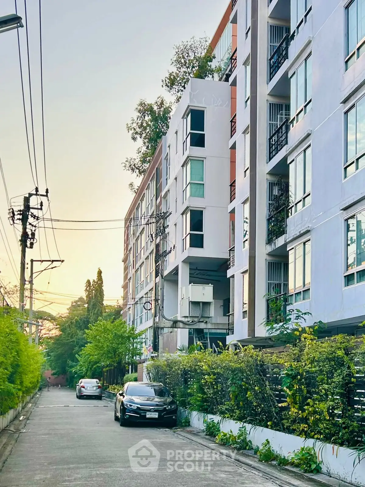 Modern apartment building with lush greenery and parked cars on a serene street.