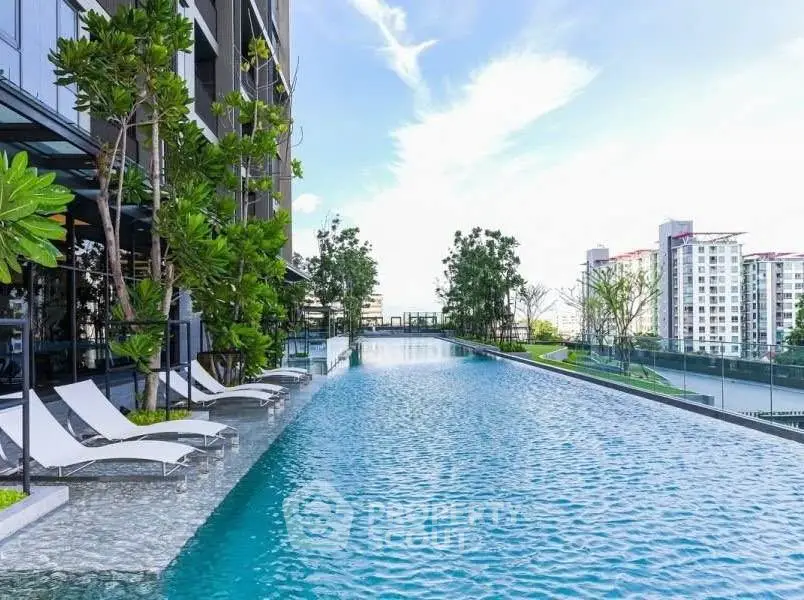Luxurious rooftop pool with stunning city views and modern lounge chairs.