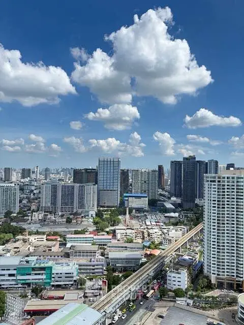 Stunning cityscape view showcasing modern skyscrapers under a vibrant blue sky with fluffy clouds.