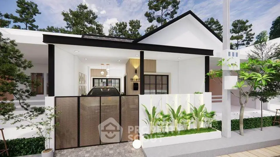 Modern single-story house with sleek design and lush greenery, perfect for contemporary living.