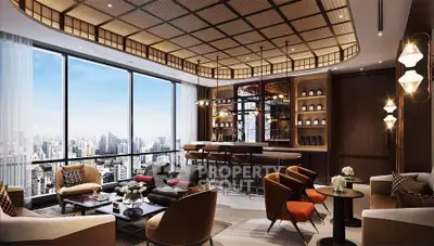 Luxurious living room with panoramic city views, elegant decor, and stylish furniture in a high-rise apartment.