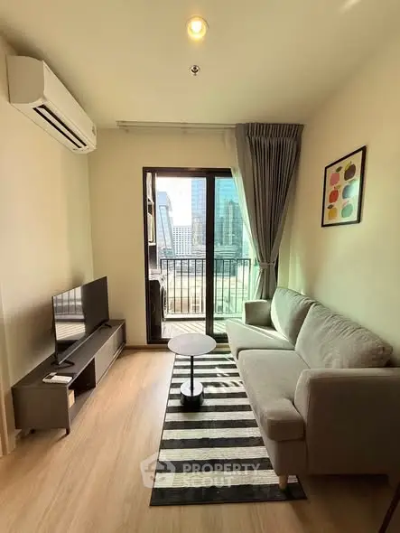 Modern living room with balcony view in urban apartment