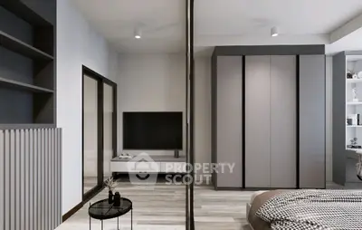 Modern bedroom with sleek design, featuring a stylish wardrobe and wall-mounted TV.