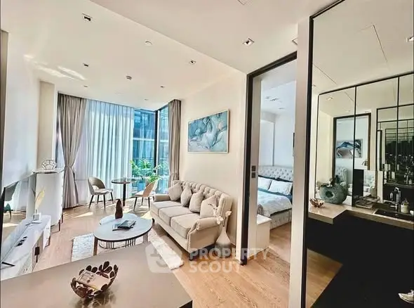 Luxurious modern living room with elegant decor and natural light in a high-end apartment.