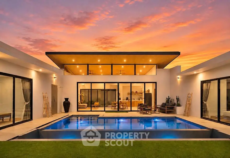Luxurious modern villa with stunning pool and sunset view, perfect for elegant living and entertaining.