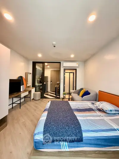 Modern bedroom with stylish decor and cozy ambiance