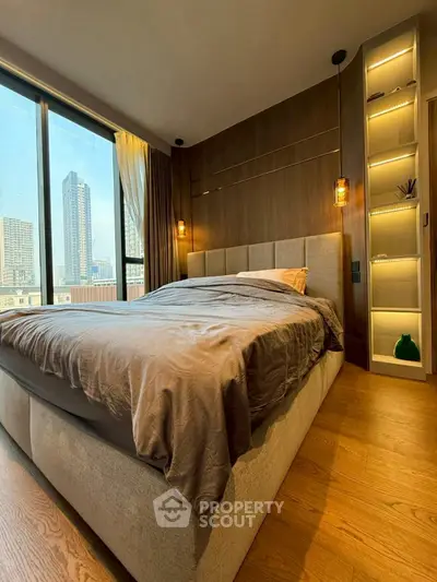 Luxurious bedroom with stunning city view and elegant wooden accents
