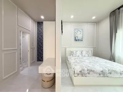 Elegant bedroom with modern decor and luxurious bedding in a stylish apartment.