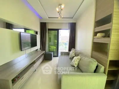 Modern living room with sleek design and balcony view