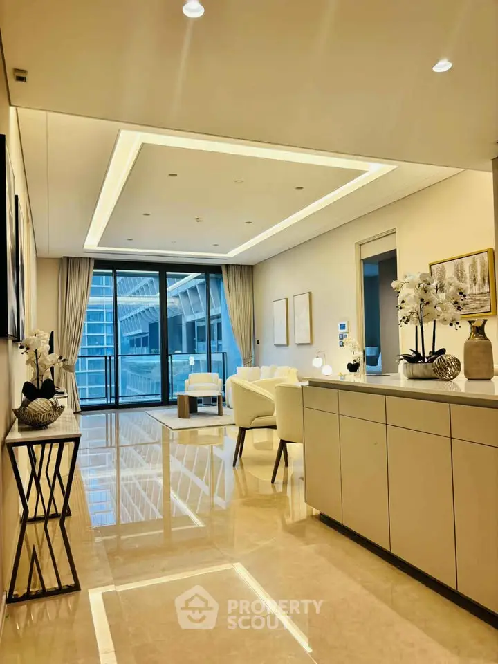 Luxurious modern living room with elegant decor and stunning city view