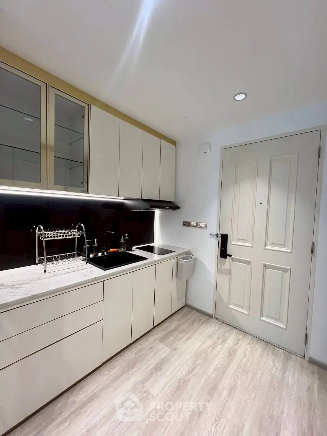 Modern kitchen with sleek cabinetry and stainless steel sink in a compact layout.