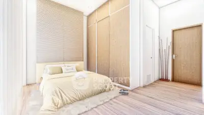 Modern minimalist bedroom with wooden accents and cozy bedding