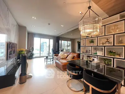 Luxurious modern living room with elegant chandelier and spacious open layout