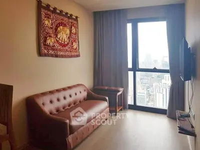 Stylish living room with leather sofa and city view in modern apartment