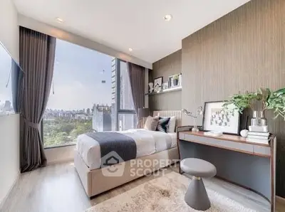 Modern bedroom with large window offering stunning city view and stylish decor.